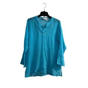 Sand N Sun Tunic Top Swim Cover blue women Sheer Long Sleeve Embroidery sz m